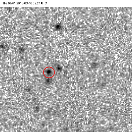 Three exposures on 16 March 2013; the circled dot moves slowly while stars stay fixed