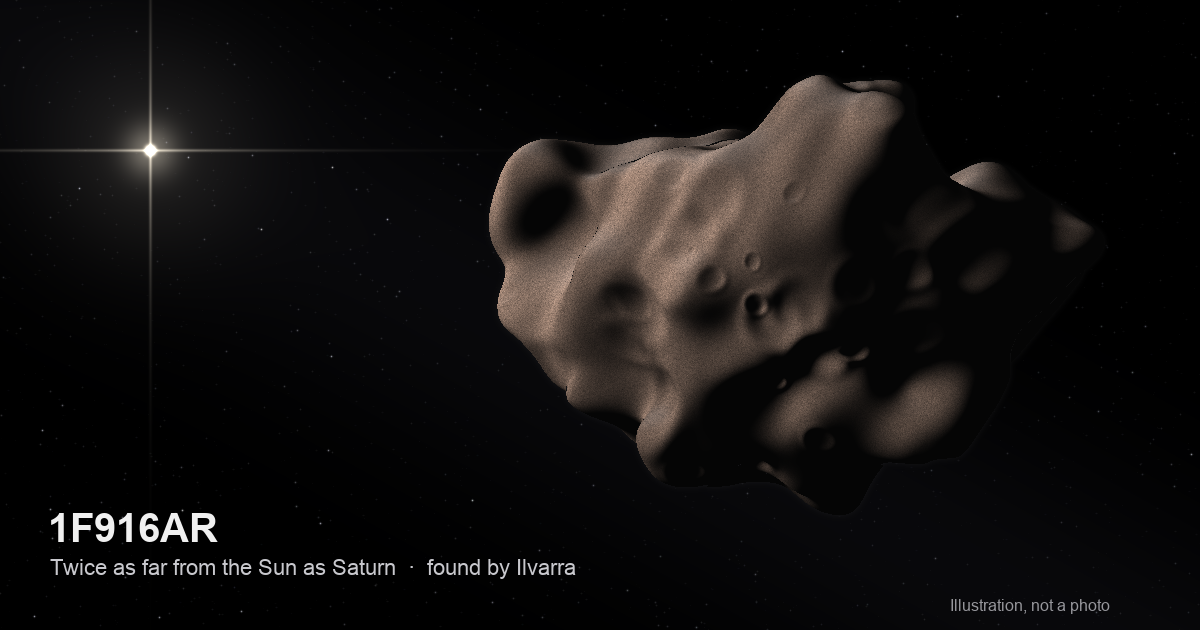 Illustration of a dark, rugged icy body lit by a distant Sun