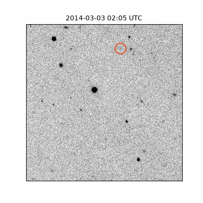 Four exposures of the same patch of sky on 3 March 2014; a faint dot moves slowly